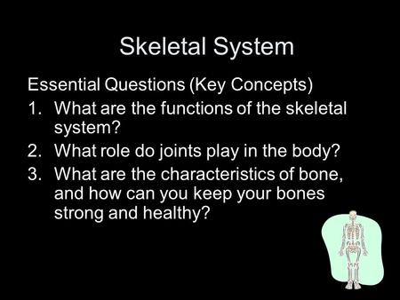 Skeletal System Essential Questions (Key Concepts) 1.What are the functions of the skeletal system? 2.What role do joints play in the body? 3.What are.