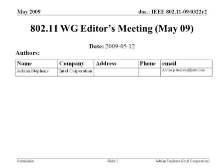 Submission doc.: IEEE 802.11-09/0322r2May 2009 Adrian Stephens (Intel Corporation)Slide 1 802.11 WG Editor’s Meeting (May 09) Date: 2009-05-12 Authors: