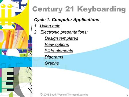 © 2005 South-Western/Thomson Learning Century 21 Keyboarding Cycle 1: Computer Applications 1 Using helpUsing help 2Electronic presentations: Design templates.