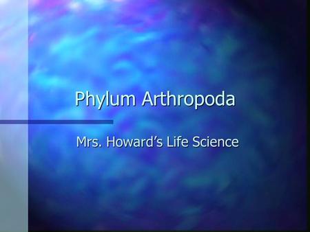 Phylum Arthropoda Mrs. Howard’s Life Science. Arthropoda - Characteristics Arthropods are a diverse group characterized by: n An Exoskeleton n Jointed.