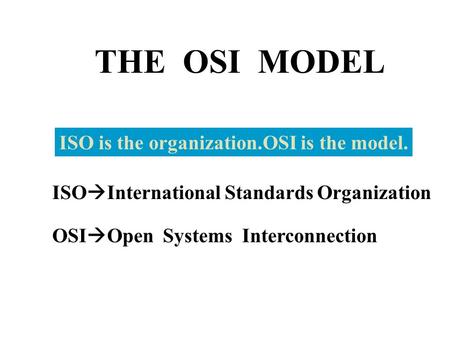 THE OSI MODEL ISO is the organization.OSI is the model. ISO  International Standards Organization OSI  Open Systems Interconnection.