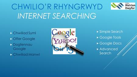 CHWILIO’R RHYNGRWYD INTERNET SEARCHING  Chwiliad Syml  Offer Google  Dogfennau Google  Chwiliad Manwl  Simple Search  Google Tools  Google Docs.