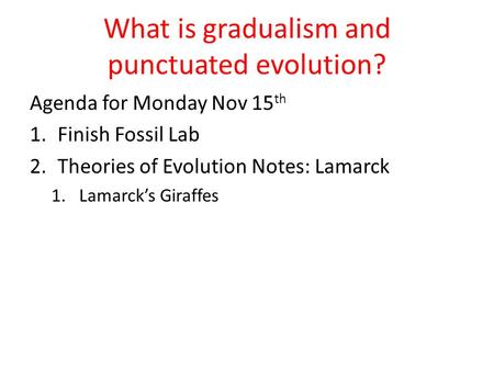 What is gradualism and punctuated evolution? Agenda for Monday Nov 15 th 1.Finish Fossil Lab 2.Theories of Evolution Notes: Lamarck 1.Lamarck’s Giraffes.