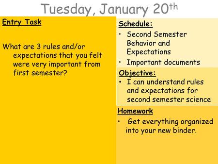 Tuesday, January 20 th Entry Task What are 3 rules and/or expectations that you felt were very important from first semester? Schedule: Second Semester.