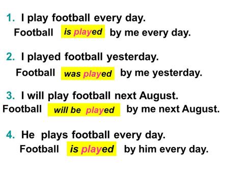 1. I play football every day. 2. I played football yesterday. 3. I will play football next August. 4. He plays football every day. Football by me every.