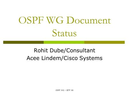 OSPF WG – IETF 66 OSPF WG Document Status Rohit Dube/Consultant Acee Lindem/Cisco Systems.