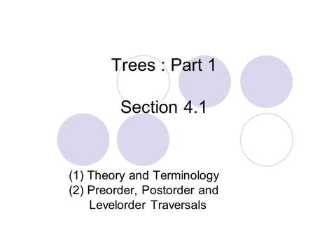Trees : Part 1 Section 4.1 (1) Theory and Terminology (2) Preorder, Postorder and Levelorder Traversals.