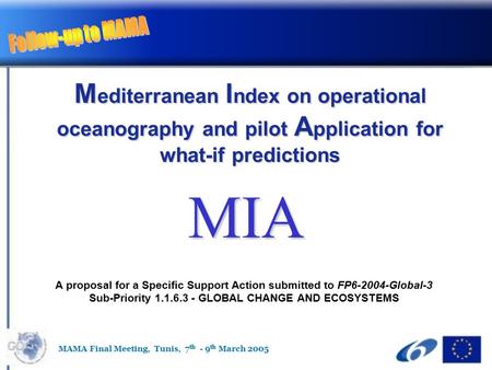 M editerranean I ndex on operational oceanography and pilot A pplication for what-if predictions A proposal for a Specific Support Action submitted to.