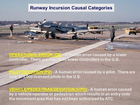 Runway Incursion Causal Categories OPERATIONAL ERROR (OE) - A human error caused by a tower controller. There are over 8000 tower controllers in the U.S.