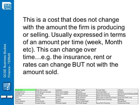 GCSE Business StudiesFinance - TERMS This is a cost that does not change with the amount the firm is producing or selling. Usually expressed in terms of.