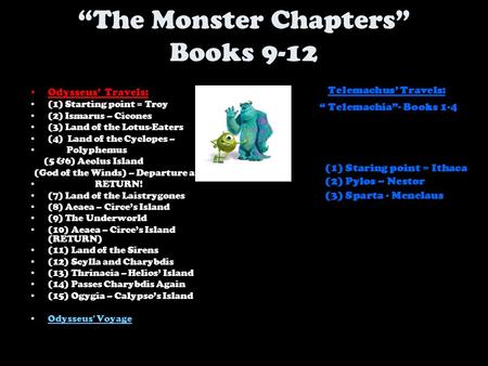 “The Monster Chapters” Books 9-12 Telemachus’ Travels: “ Telemachia”- Books 1-4 Odysseus’ Travels: (1) Starting point = Troy (2) Ismarus – Cicones (3)