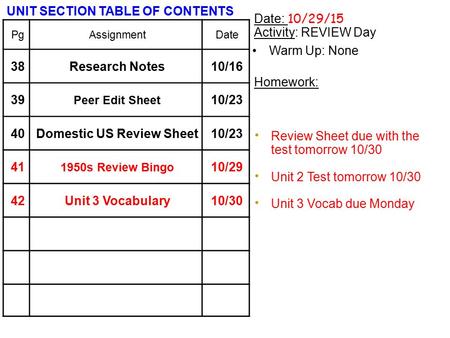 Date: 10/29/15 Activity: REVIEW Day Warm Up: None Homework: Review Sheet due with the test tomorrow 10/30 Unit 2 Test tomorrow 10/30 Unit 3 Vocab due Monday.
