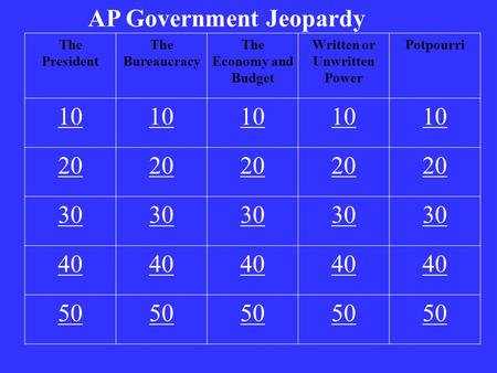 AP Government Jeopardy The President The Bureaucracy The Economy and Budget Written or Unwritten Power Potpourri 10 20 30 40 50.