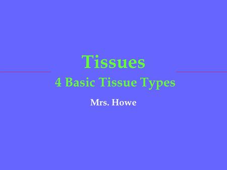 Tissues 4 Basic Tissue Types Mrs. Howe. 1. Muscle Tissues Muscle Tissue Functions:  Movement  Moving body parts, such as the muscles of arms, legs 
