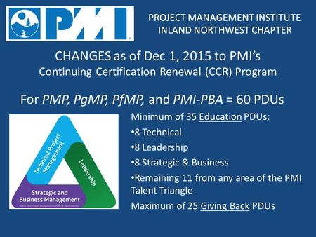 PROJECT MANAGEMENT INSTITUTE INLAND NORTHWEST CHAPTER PROJECT MANAGEMENT INSTITUTE INLAND NORTHWEST CHAPTER CHANGES as of Dec 1, 2015 to PMI’s Continuing.