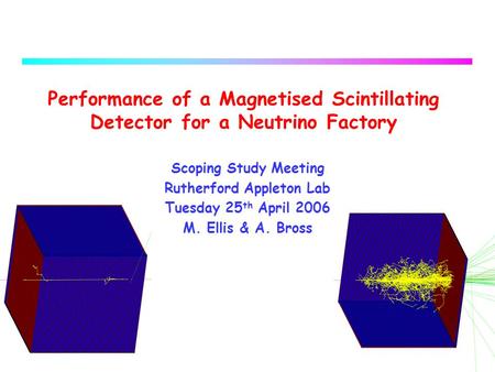 1 Performance of a Magnetised Scintillating Detector for a Neutrino Factory Scoping Study Meeting Rutherford Appleton Lab Tuesday 25 th April 2006 M. Ellis.
