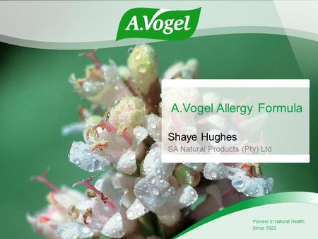 A.Vogel Allergy Formula Shaye Hughes SA Natural Products (Pty) Ltd Pioneer in Natural Health Since 1923.