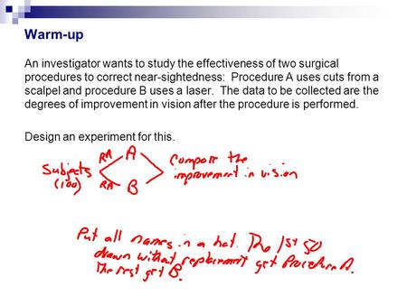 Warm-up An investigator wants to study the effectiveness of two surgical procedures to correct near-sightedness: Procedure A uses cuts from a scalpel and.