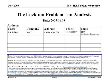 Doc.: IEEE 802.11-05/1063r0 Submission Nov 2005 Jon Edney, NokiaSlide 1 The Lock-out Problem - an Analysis Notice: This document has been prepared to assist.
