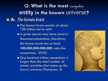 Q: What is the most complex entity in the known universe ? A: The human brain A: The human brain The human brain consists of about 100 billion nerve cells!