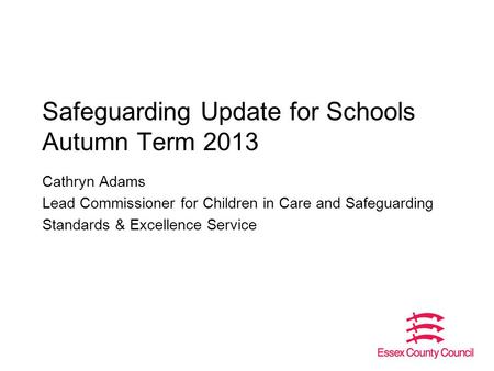 Safeguarding Update for Schools Autumn Term 2013 Cathryn Adams Lead Commissioner for Children in Care and Safeguarding Standards & Excellence Service.