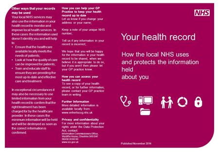 Your health record How the local NHS uses and protects the information held about you Other ways that your records may be used Your local NHS services.