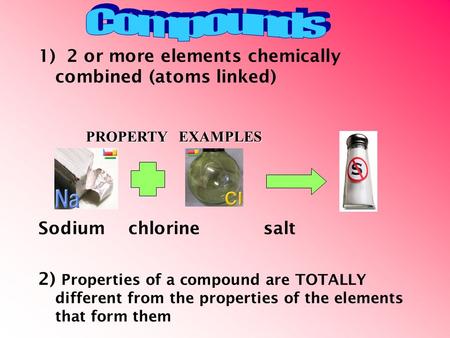 1) 2 or more elements chemically combined (atoms linked) Sodiumchlorinesalt 2) Properties of a compound are TOTALLY different from the properties of the.