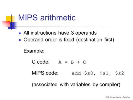  1998 Morgan Kaufmann Publishers MIPS arithmetic All instructions have 3 operands Operand order is fixed (destination first) Example: C code: A = B +