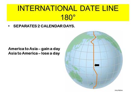 INTERNATIONAL DATE LINE 180° SEPARATES 2 CALENDAR DAYS. America to Asia – gain a day Asia to America – lose a day.