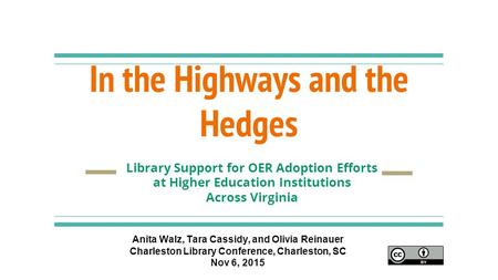 In the Highways and the Hedges Library Support for OER Adoption Efforts at Higher Education Institutions Across Virginia Anita Walz, Tara Cassidy, and.