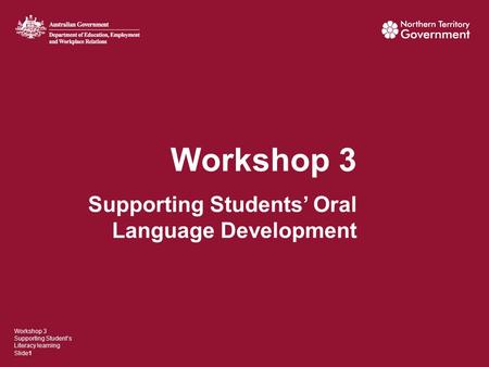 Workshop 3 Supporting Students’ Oral Language Development Workshop 3 Supporting Student’s Literacy learning Slide1.