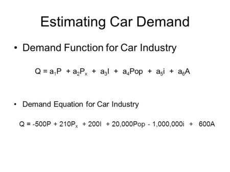 Estimating Car Demand Demand Function for Car Industry Q = a 1 P + a 2 P x + a 3 I + a 4 Pop + a 5 i + a 6 A Demand Equation for Car Industry Q = -500P.