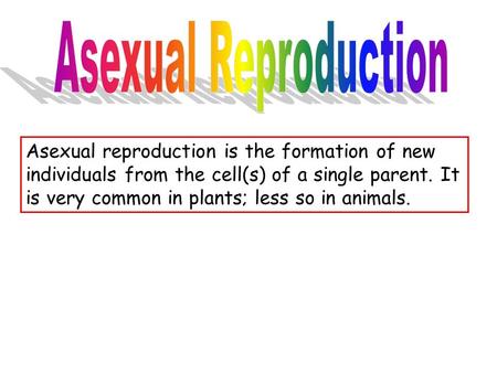 Asexual reproduction is the formation of new individuals from the cell(s) of a single parent. It is very common in plants; less so in animals.