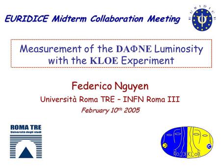 Measurement of the DA  NE Luminosity with the KLOE Experiment Federico Nguyen Università Roma TRE – INFN Roma III February 10 th 2005 EURIDICE Midterm.