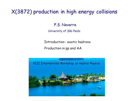 X(3872) production in high energy collisions University of São Paulo F.S. Navarra Introduction : exotic hadrons Production in pp and AA XIII International.