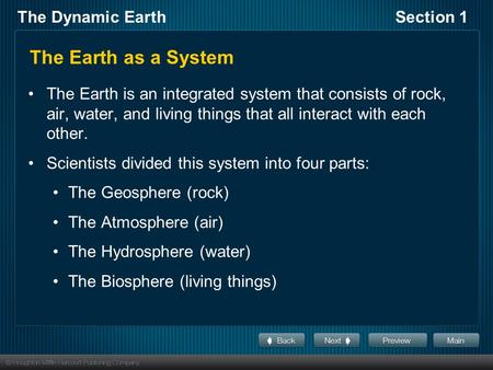 The Dynamic EarthSection 1 The Earth as a System The Earth is an integrated system that consists of rock, air, water, and living things that all interact.