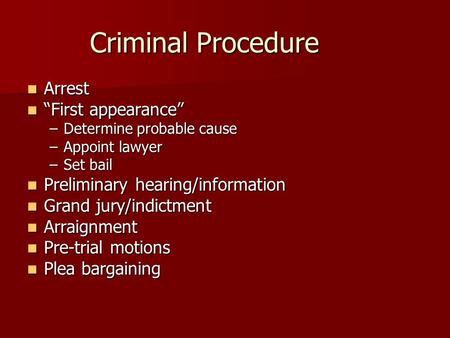 Criminal Procedure Arrest Arrest “First appearance” “First appearance” –Determine probable cause –Appoint lawyer –Set bail Preliminary hearing/information.