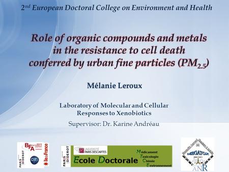 Mélanie Leroux Laboratory of Molecular and Cellular Responses to Xenobiotics Supervisor: Dr. Karine Andréau 2 nd European Doctoral College on Environment.