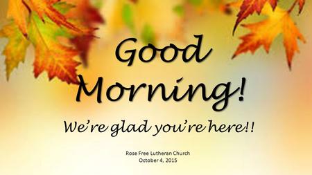 Good Morning! Rose Free Lutheran Church October 4, 2015 We’re glad you’re here!!