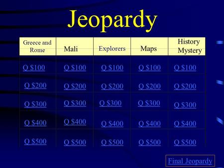 Jeopardy Greece and Rome Mali Explorers Maps History Mystery Q $100 Q $200 Q $300 Q $400 Q $500 Q $100 Q $200 Q $300 Q $400 Q $500 Final Jeopardy.