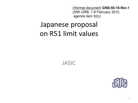 Japanese proposal on R51 limit values JASIC 1 Informal document GRB-55-10-Rev.1 (55th GRB, 7-9 February 2012, agenda item 3(b))