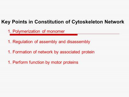 Key Points in Constitution of Cytoskeleton Network 1.Polymerization of monomer 1.Regulation of assembly and disassembly 1.Formation of network by associated.