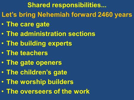 Shared responsibilities... Let’s bring Nehemiah forward 2460 years The care gate The administration sections The building experts The teachers The gate.
