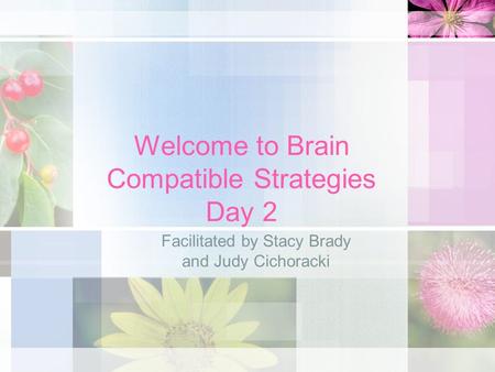 Welcome to Brain Compatible Strategies Day 2 Facilitated by Stacy Brady and Judy Cichoracki.
