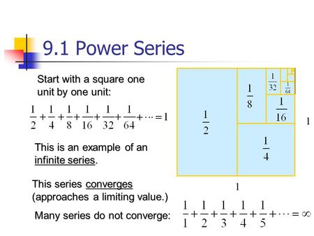 This is an example of an infinite series. 1 1 Start with a square one unit by one unit: This series converges (approaches a limiting value.) Many series.