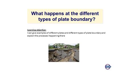What happens at the different types of plate boundary? Learning objective: I can give examples of different plates and different types of plate boundary.