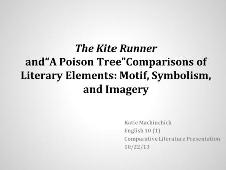 The Kite Runner and“A Poison Tree”Comparisons of Literary Elements: Motif, Symbolism, and Imagery Katie Machinchick English 10 (1) Comparative Literature.