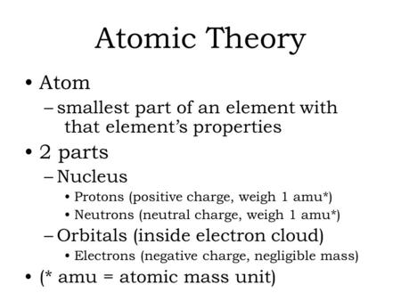 Atomic Theory Atom –smallest part of an element with that element’s properties 2 parts –Nucleus Protons (positive charge, weigh 1 amu*) Neutrons (neutral.