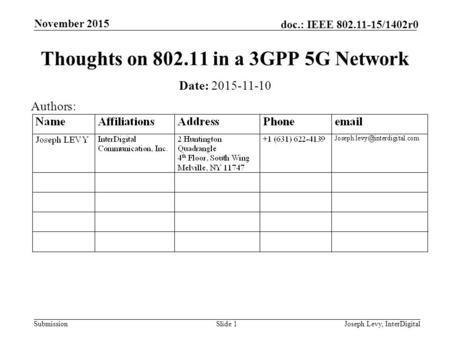 Submission doc.: IEEE 802.11-15/1402r0 November 2015 Joseph Levy, InterDigitalSlide 1 Thoughts on 802.11 in a 3GPP 5G Network Date: 2015-11-10 Authors: