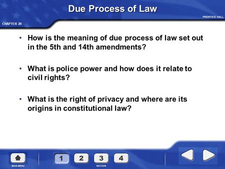 CHAPTER 20 Due Process of Law How is the meaning of due process of law set out in the 5th and 14th amendments? What is police power and how does it relate.